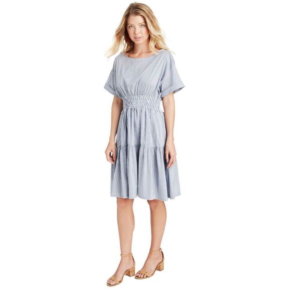 NWOT Vineyard Vines Smocked Waist Fit&Flare Dress Size M Blue Striped Lined Knee - Picture 1 of 10
